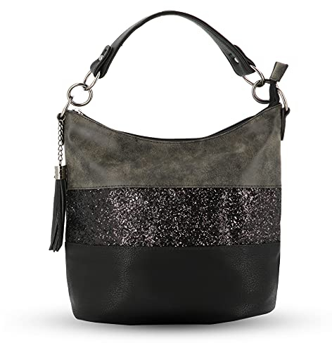 Gallantry - Sac à Main Bandoulière Femme Paillettes - Sac Seau Porté Epaule Multicolore Rayures - Besace Anse Large Strass Brillant Soirée Mariage - PU Cuir Souple - Chic Tendance - Noir