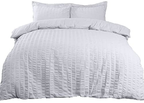 Highams Seersucker Superking Duvet Set, Super Soft Cosy Warm Luxurious Plain Dye Textured Ruffled Seersucker Quilt Superking Bedding Set with Pillowcases, White