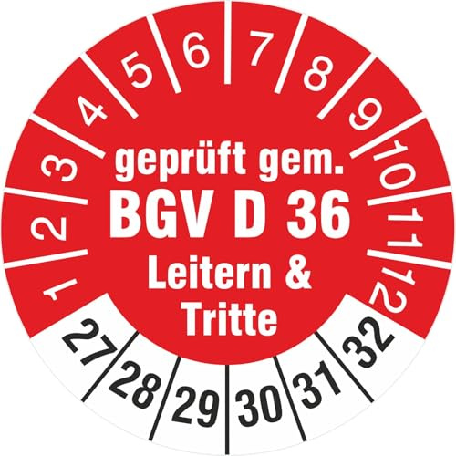 50 Stück Prüfplaketten 30 mm geprüft gemäß BGV D 36 Leitern und Tritte Prüfetiketten 2027-2032 Rollenware stark haftend