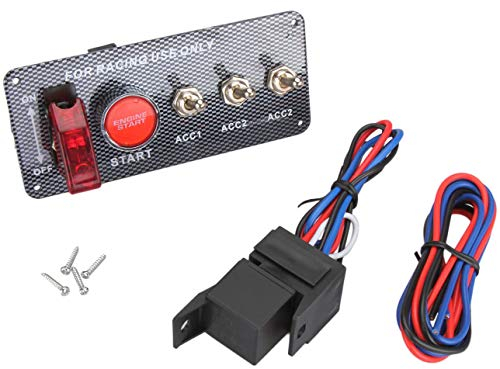 Madlife Garage 5 Schalter, 12 V, Zündung für Auto/Boot, Motor, Schalttafel, Startknopf, Knebel mit Flugzeugabdeckung, Karbonfaser-Blende