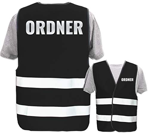 Bedruckte Warnwesten mit ISO-Leuchtstreifen * Standard- oder Reflex-Druck * Thema Sicherheit & Team, Warnweste Begriffe Security:Ordner (Reflektierend), Farbe + Größe:Schwarz (3XL/4XL)