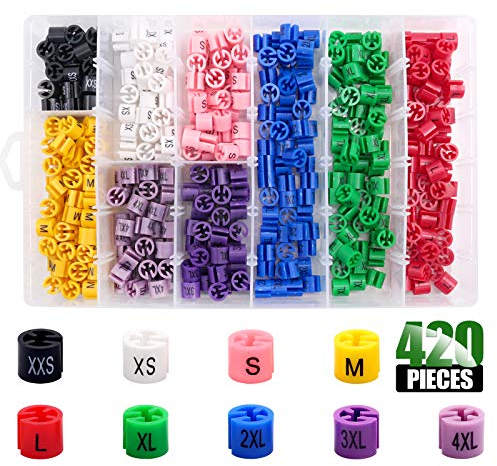Keadic 420Pcs 9 Common Sizes Plastic Hanger Size Markers Assortment Kit, XXS - 4XL Color-Coding Hanger Sizes Tags Marker for Wire Hangers Clothing Hangers with Storage Box