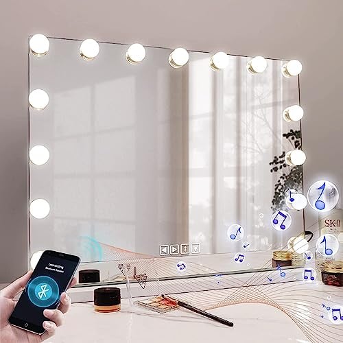 Hansong Großer Hollywood Spiegel mit Beleuchtung und Musik Lautsprecher, 15 dimmbare LED-Lampen, Beleuchteter Schminkspiegel mit USB-Ladeanschluss Hollywood Schminkspiegel