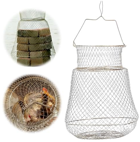 Wohlstand 1 pezzo Rete da Pesca con Trappola per Granchi, Cestino Pieghevole per Granchi, Rete da Pesca Pieghevole in Metallo, Design pieghevole, può contenere più pesci, diametro: 30cm, altezza: 39cm