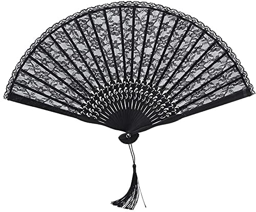 MOUMOUTEN Lace Hand Folding Fan, Lace and Bamboo Black Hand Fan with Tassel for Women, Double Layer Japanese Fans for Wall Decoration Wedding Birthday Gifts (Black)