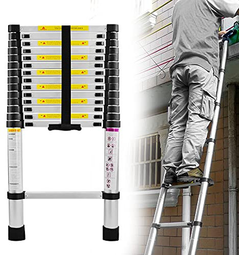 YRHome Escalera Telescópica de Aluminio Andamio Aluminio, 4,4 m, Multifunción, Antideslizante, Plegable, Soporta hasta 150 kg, 15 Escalones, Color Plateado