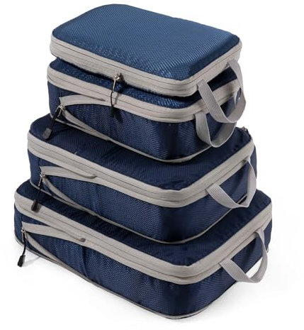 Meowoo 4-teiliges Kompressions-Packwürfel Set - Compression Packing Cubes - Wasserdichter Kofferorganizer mit Reißverschluss (XL, L, 2×M) - Platzsparend für Handgepäck & Koffer (Marineblau)