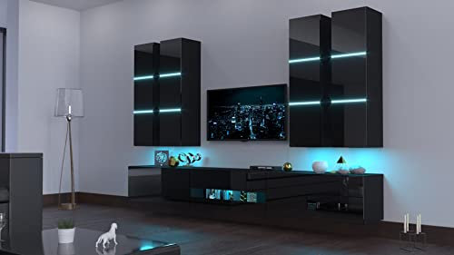 Furnitech Wohnwand Wohnzimmer | Wohnzimmer Möbel mit LED Weiß | Hängend Wohnwand Modern | Wohnzimmer Schrankwand mit Regale und TV Schrank (Star AN53-18HG-B1 GS5)