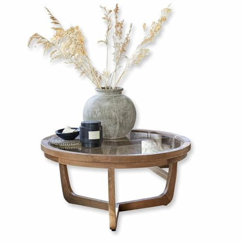Loberon Couchtisch Gradn Enclos, Markante Maserung, Robuste Glasplatte, Schlichtes Gestell, Wohnzimmertisch, Sofatisch, Eichenholz, Glas, braun/klar