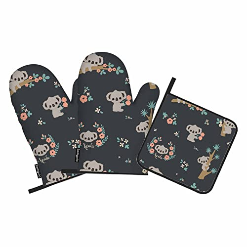 Samgula Entzückende Koala-Ofenhandschuhe und Topflappen-Set, Blumenbaum, Cartoon, Tier, hitzebeständig, 3 Stück zum Kochen, Backen, Grillen