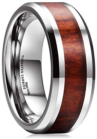 King Will Nature 8mm Real Wood Tungsten Carbide Ring High Polished Wedding Band Comfort Fit 14