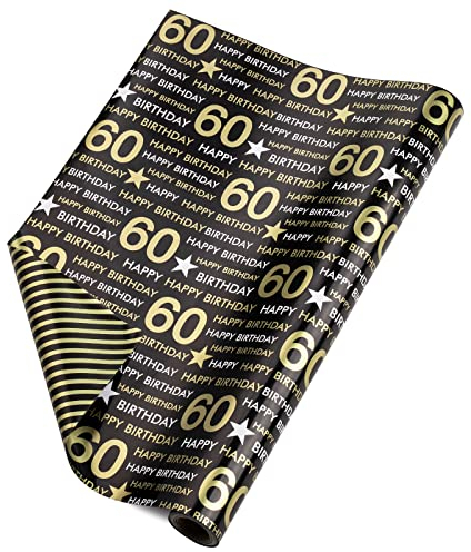 RUSPEPA Wende-Geschenkpapierrolle – 60 Jahre alter Geburtstag, Schwarz-Gold-Muster, ideal für Geburtstag, Party, Babyparty – 43,2 cm x 10 m