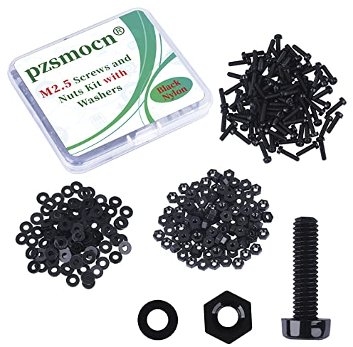 Pzsmocn 300 Stück/100 Sätze M2,5 * 10 mm Schwarzes Nylon Kunststoff Kreuzschlitz Rundkopfschrauben-Sechskantmuttern mit Isolierscheibe Standardgröße, für Heimwerker und Elektronische Montage.