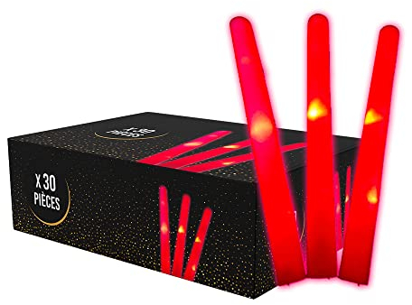 SPARKLERS Club - Juego de 30 varillas luminosas LED color rojo 40 cm – Palo de espuma brillante para bodas y fiestas – 3 modos de parpadeo