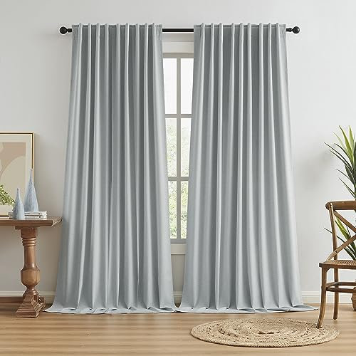 100 % Verdunkelung Fenstervorhang, hintere Lasche Stangentasche Haken Gürtel Plissee-Optik Vorhänge für Schienensystem, energieeffiziente Vorhänge für Wohnzimmer, Terrassentür, Jalousien, Hellgrau,