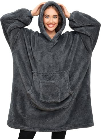 RITOSTA Felpe con Cappuccio Donna Leggero Felpa Coperta con Maniche in Pile Fleece Gigante Felpa Morbido Oversize Plaid con Maniche Tasca, Regalo per Donna,Taglia Unica (Grigio Scuro)