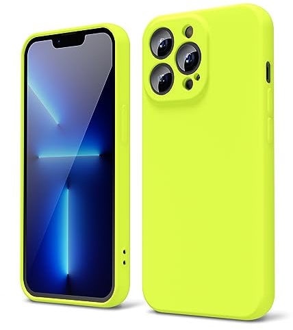 oakxco for iPhone 13 Pro Phone Case Liquid Silicone, Fluorescent Bright Solid Color, Cute Thin Slim Soft Rubber TPU Plain Smooth Gel Matte Protective Cover for Women Girl Aesthetic, Neon Green Lime