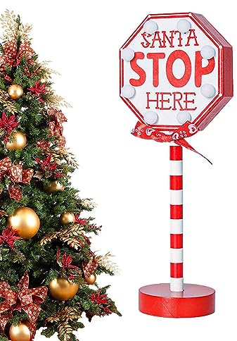 Aznever Decorazione per Feste con Segnale di Stop | LED Santa Stop Here Tree Topper,Lampada da scrivania LED Santa Stop Here Tree Topper Window Luci Decorative per passerella