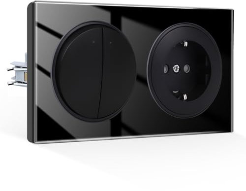 CNBINGO Interrupteur à bascule avec prise Schuko encastrée, prises murales avec plaque en verre trempé, interrupteur 2 compartiments 1 voie, blanc/noir