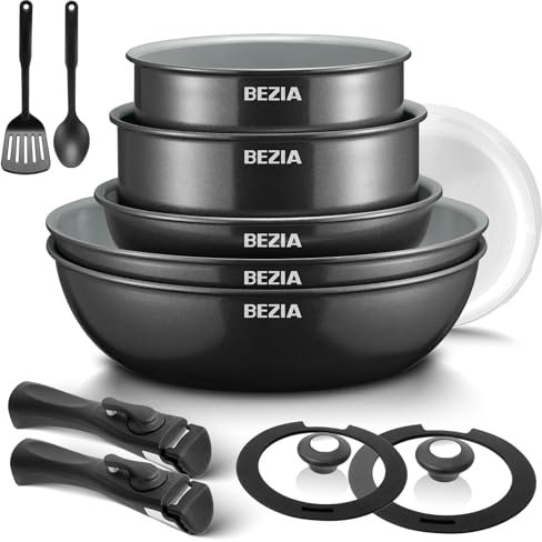 BEZIA Pfannenset mit abnehmbaren Griffen, Töpfe und Pfannen Set mit gesunder Keramikbeschichtung, Induktions Pfannen Set 13-tlg, für alle Herdarten, stapelbares Design, Spülmaschinen-/Ofenfest