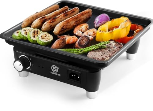 SUPERLEX Barbacoa eléctrica con placa Teppanyaki (27 cm) para interior/exterior – Plancha antiadherente con tecnología de calefacción de grafeno, termostato continuo y diseño plegable, ideal para