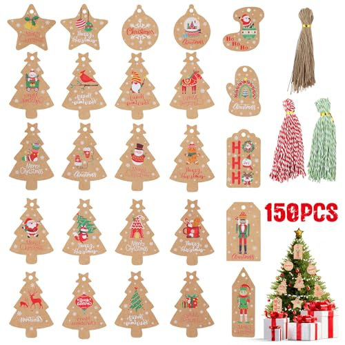 KIKISML 150 Pcs Christmas Tags, Xmas Gift Tags Kraft Paper with Jute Twine Gift Wrap Labels Parcel Tags Present Hang Tags Multi-Pattern Christmas Trees Stars Socks for DIY Gift Wrapping Decorations