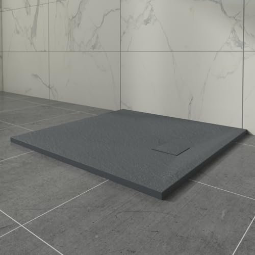 Aquariss Plato de ducha cuadrado antracita de 800 x 800 mm con trampa de residuos, efecto pizarra, base antideslizante para armarios de baño, baño y baño