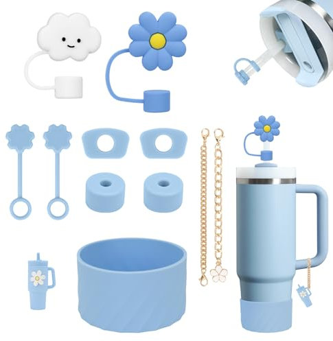 11Stück Stanley Cup Zubehör, inklusive 6 Stanley Cup Auslaufschutz, 2 Strohhalm Abdeckung, 2 Anhänger Zubehör, 1 Silikonhülle für 1,2l und 850 ml Stanley Cup Accessories (Blau)