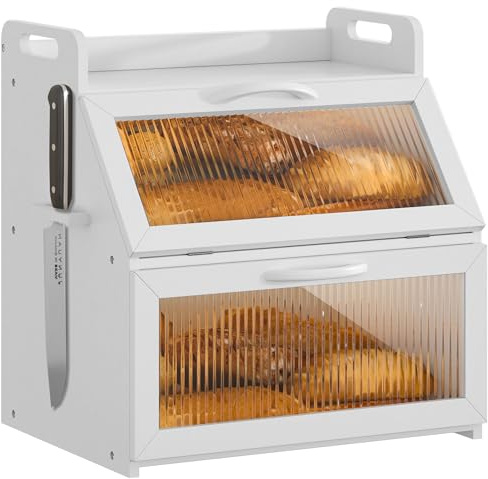 Scatola per pane, per piano di lavoro della cucina, grande contenitore per pane fatto in casa, organizer per pane in legno, a doppio strato, con finestra in acrilico, colore bianco