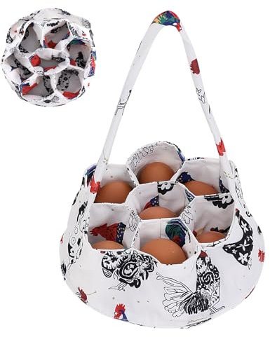 JJUNW 1 panier de collecte d'œufs, porte-œufs de poule de ferme avec 7 sacs, panier à œufs à main pour recueillir des œufs frais, rangement de transport de jardin (coq à pois)