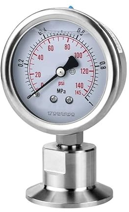 1PC Manometer Bar/psi 1.5 Inch (50.5mm) 2inch (64mm) Tri Clamp Diaphragm Pressure Gauge SS304 Stainless Steel Body SS316 Diaphragm(0-0.4Mpa,50.5mm)
