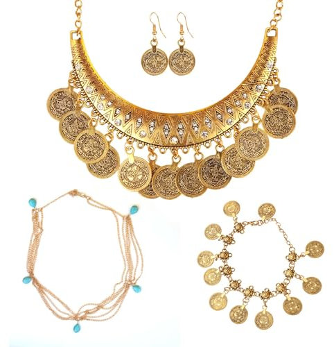 4 Stück Wahrsagerin Kostüm, Bohème-Schmuck Wahrsagerin Schmuck Set Zigeuner Kostüm goldene Kopfketten Boho-Stil Quastenketten Quastenketten Abschlussbälle für Frauen Mädchen Mottoparty Karneval