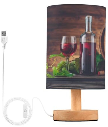 Mnsruu Bedside Lamp Wine Bottle Glass Wooden Barrel Table Lamp LED Nightstand Desk Lamp USB Charging Ports Linen Fabric Shade for Bedroom Living Room Office