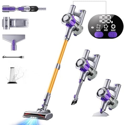 Akku Staubsauger, 40000Pa/450W Staubsauger Kabellos mit Smart Display Bis zu 50 Minuten Laufzeit Cordless Vacuum Cleaner mit Automatikmodus&Anti-Verhedderung-Bürste für Teppich Hartboden und Tierhaare