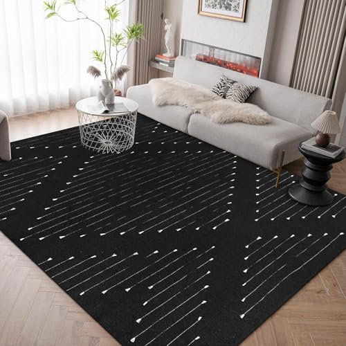 LONGSAO Kurzflor Wohnzimmer Teppich 70 x 140 cm Schlafzimmer Teppich Rutschfester Teppich Sofakissen Moderne Schlichte Linien schwarz