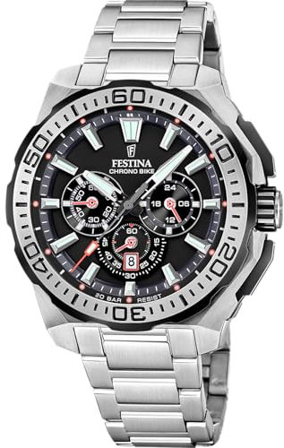 Festina Herrenuhr Analog - Edelstahl 316L Silber - Quarzwerk - Chronograph - Datum - Gehärtetes Mineralglas - Wasserdicht 20 ATM - F20724/7 Chrono Bike