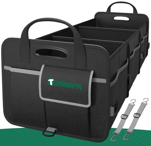 Tonmifr Heavy-Duty Car Boot Organiser & Multi-Compartment Storage Box for SUV/Hatchback/Estate, 600D Oxford Collapsible Tidy, 2 Securing Hooks & Reflective Strips - Large Capacity Organiser (92L)