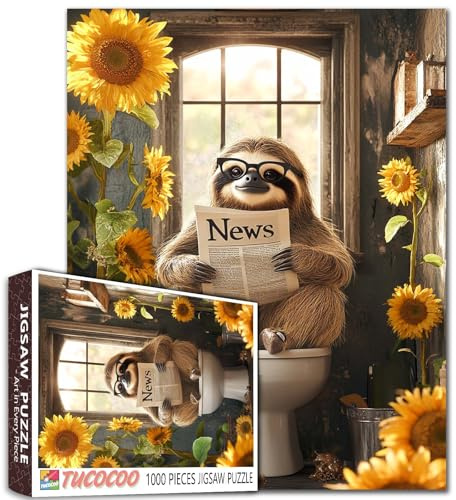 Lustiges Faultier auf Toilette Jigsaw Puzzle für Erwachsene 1000 Teile Lustiges Badezimmer Tier Puzzle Niedliches Faultier liest Zeitung – Herausforderndes Sonnenblumen Rustikales Dekor Puzzle