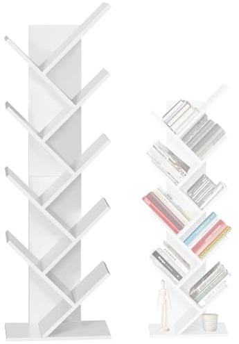9-Tier Floor Standing Book Shelf, Modern Floor Tree Bookshelf, Unit Tree-shape Storage Shelves, Narrow Magazine Book Display Rack, Tall Bookcase for CDs Albums, for Living Room, White