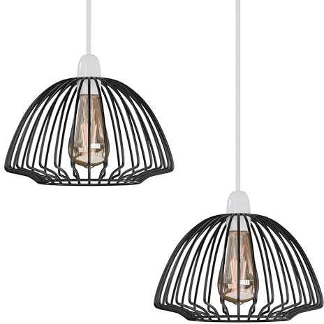 2 Pack Black Metal Cage Lamp Shade 21cm Industrial Wire Basket Pendant Light Shade E27 Easy Fit Ceiling Lampshade for Kitchen Bedroom Living Room Dining Room