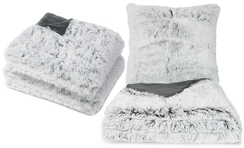 ZOLLNER Set aus Kuscheldecke und Bettwäsche - Größe 150/200 & 80/80+135/200 - waschbar bis 30°C – weißes Fellimitat auf grauem Fleece - Oeko Tex® Zertifiziert