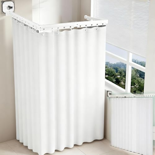 Bastone Per Tenda Doccia Pieghevole, Set Aste Per Tenda Doccia Pieghevole A 5 Vie Con Ventosa 1,8X2,0M TendaDoccia Impermeabile Senza Fori Asta 197cm Forma L/U A Forma Scala Dritto (Bianco, 5 Volte)
