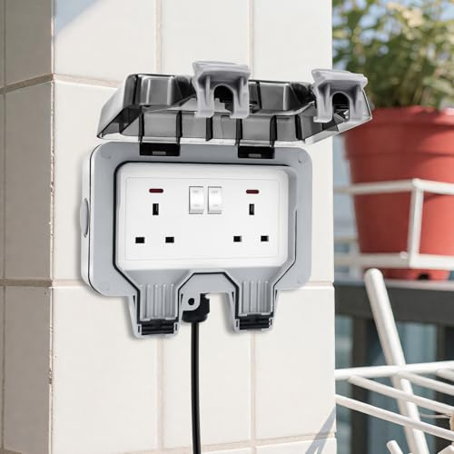 10M Outdoor Extension Lead Waterproof Double Socket with Lockable Cover, LED Indicators, IP66 13Amp 2 Gang Outside Plug Sockets External Double Switched Socket Wall Electrical Outlet Cover Power Box