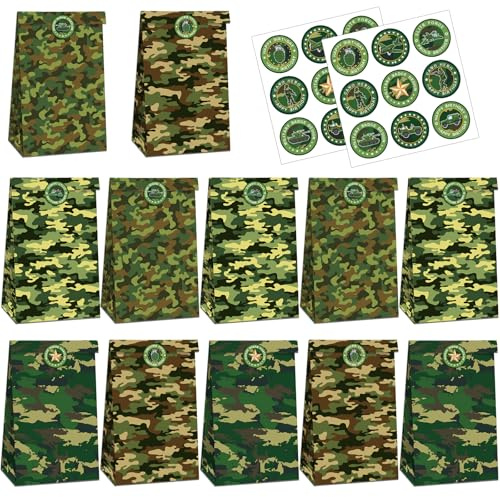 12 Stück Geschenktüte Einschulung, Camouflage Taschen für Junge & Mädchen | mit 18 Aufklebern, Geschenke Einschulung, Geschenktüten Kindergeburtstag, Candy Tüten