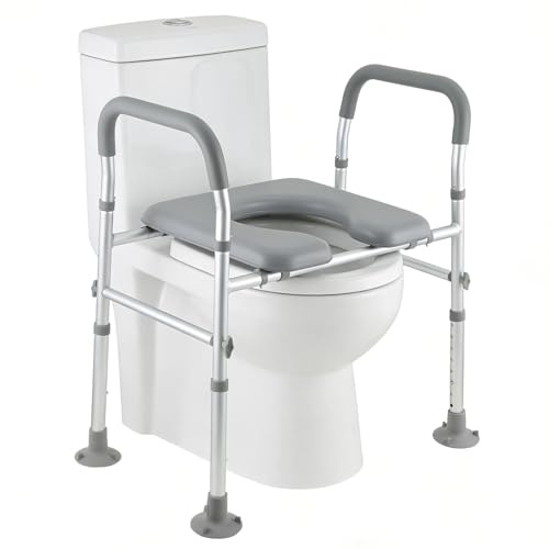 Raised Toilet Seat for Seniors, Toilet Seat Riser with Handles and Padded Seat, Adjustable Height and Width, 440Lbs Handicap Elevated Toilet Seat for Elderly, Pregnant, Bathroom, Fit Any Toilet