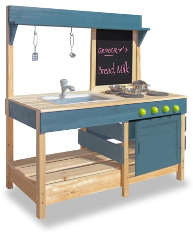 Mud Kitchen Playset for, Outdoor Wooden Toy Play Kitchen Set for Boys and Girls, Kitchen Accessories and Garden Sink with Faucet, Blackboard (Blue2)