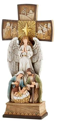 Christmas Season Nativity Statues Avalon Gallery Weihnachtsfiguren – Josef Maria mit Jesus und Engel stehendes Kreuz, Tafelaufsatz, 35,6 cm, Krippenkreuz