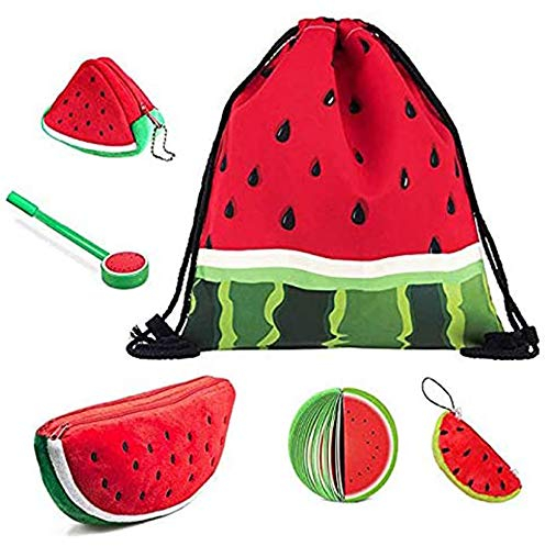 whatUneed Pastèque sac à cordon,Grand porte-crayon mignon en peluche,Porte-clés 3D,Décorations de pendentif porte-clés,Bloc-notes de fruits avec un stylo pour les étudiants en fille (Lot de 6)