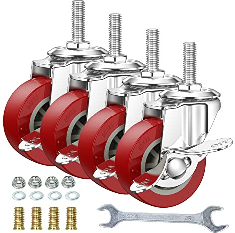 Lenkrollen, 5,1 cm, 4 Stück, Feststellrollen, strapazierfähig, Gesamtkapazität 90,7 kg, metrisches M8-1,25 × 25 mm Gewinde, PU-Rollen mit Bremse.