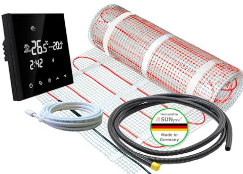ew direkt Komplett-Set elektrische Fußbodenheizung SunPro 160 für Fliesen, Naturstein mit Thermostat RT-50 schwarz (15 m² - 0,5 x 30 m)